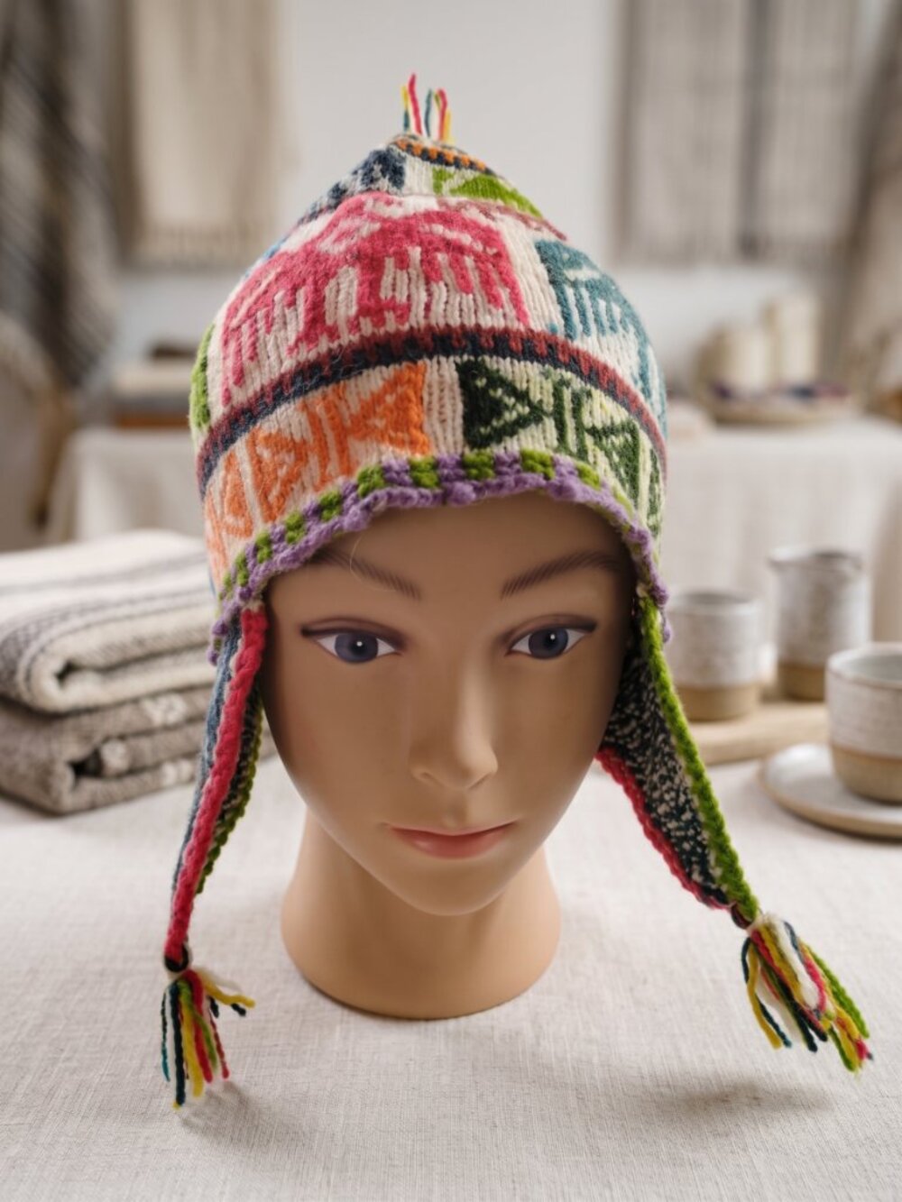 Traditional Andean Wool Chullo with Condor Motif and Sacred Geometry